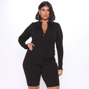 Black ribbed long sleeve zipper bodysuit jumpsuit